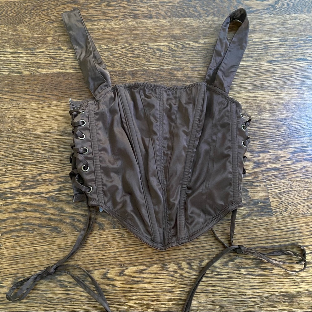 UO Satin Brown Lace-Up Corset Top